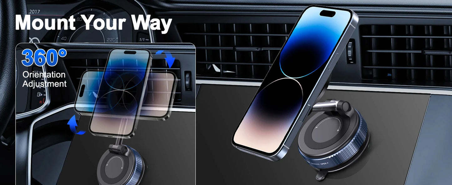 360° Rotating Vacuum Magnetic Mobile Holder Stand | Strong Suction + Powerful Magnet Phone Mount for Car, Desk, Gym, Mirror & Shower | Universal Compatible with All Smartphones (With Metal Ring)
