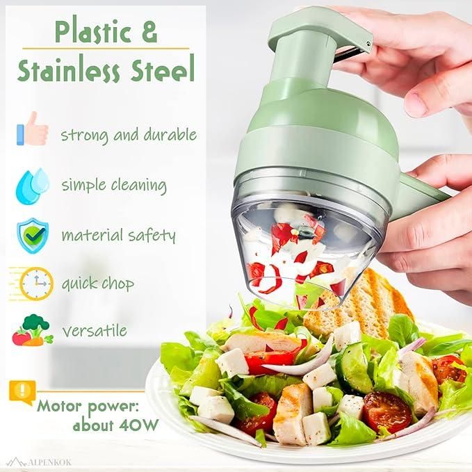 4-in-1 Electric Vegetable Chopper | USB Rechargeable Food Processor with Stainless Steel Blades | Portable Onion, Garlic & Vegetable Cutter